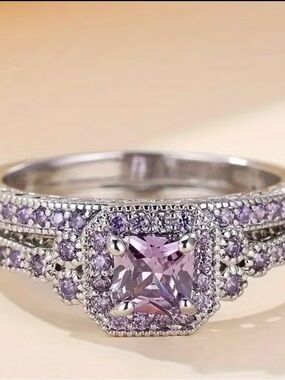 Sterling Silver Lavender Cubic Zirconia Halo Ring - Women Jewelry